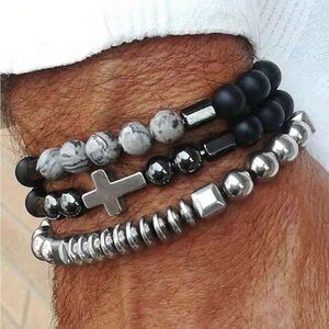 Classic Cross Pendant Stylish Matte Black and Silver Beaded Bracelets Stackable